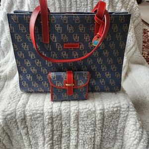 Dooney and Bourke Monogram Denim and Red Tote Bag with Matching Wallet